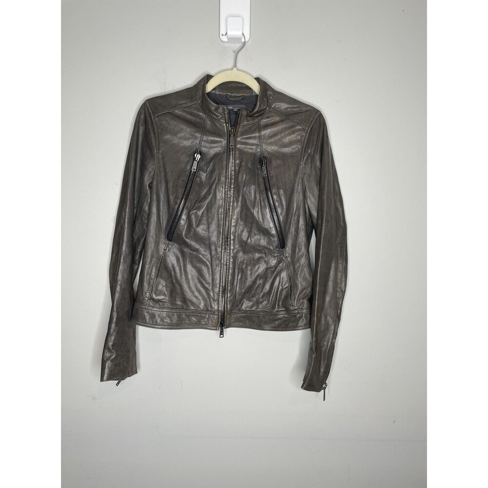 Vince Jacket Womens Medium Brown Leather Moto Zip Pockets Buckle Accent